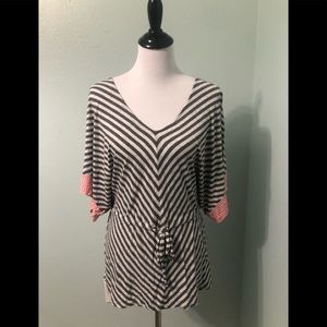 Ella Moss Anthropologie white & grey & pink striped drawstring waist shirt